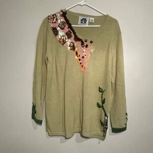 Vintage Storybook Knits Sequin Giraffe Jungle V-Neck‎ Sweater